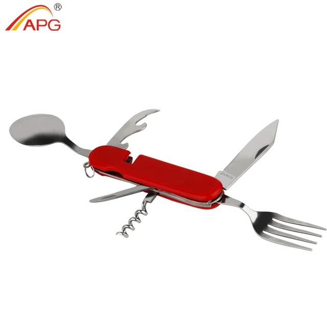 APG Multifunction 6 in 1 Folding Camping Tableware Portable Picnic Cutlery Set Stainless Steel Travel Dinnerware