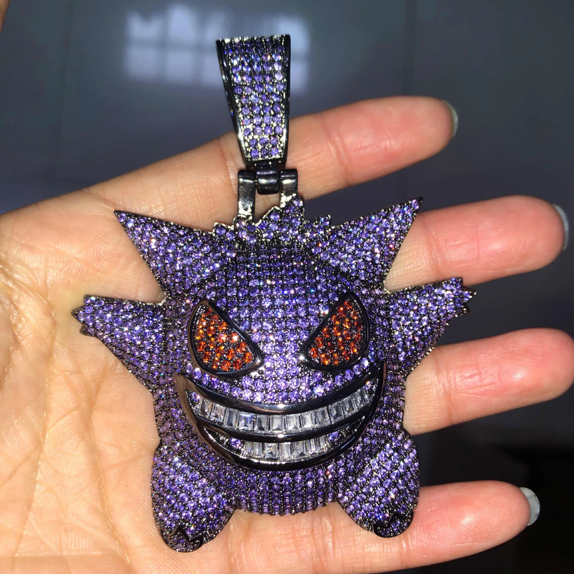 

Hip Hop Bling Gold Purple Silver Gengar Pendant Long Chain Statement Necklace for Man Women Big Size Fashion Jewelry