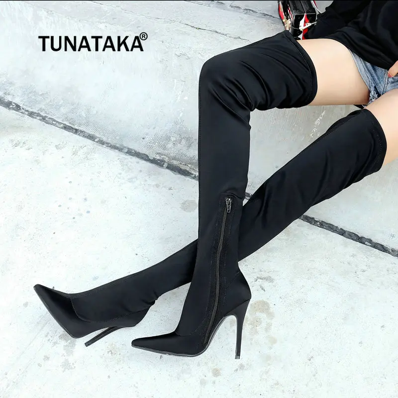 

Sexy Elastic Boots Thin High Heel Over The Knee Fashion Pointed Toe Side Zipper Winter Shoes Woman Black