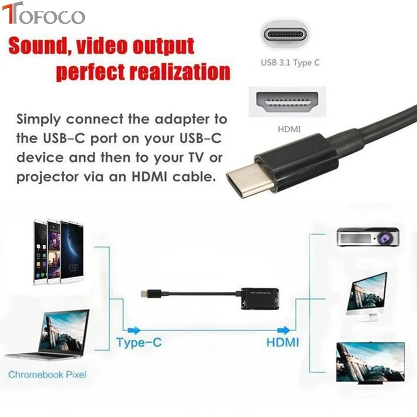 TOFOCO 1 шт. usb type C для hdmi-кабель, адаптер 1080 P адаптер высокой четкости черный для адаптер HDMI VGA