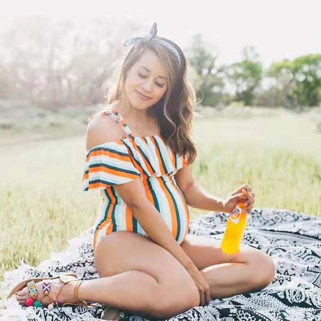 

Women Maternity Plus Size Swimwear Bikini 2019 Stripe Print Bikini Swimwear Swimsuit Tank Bathing Suit Beachwear gg