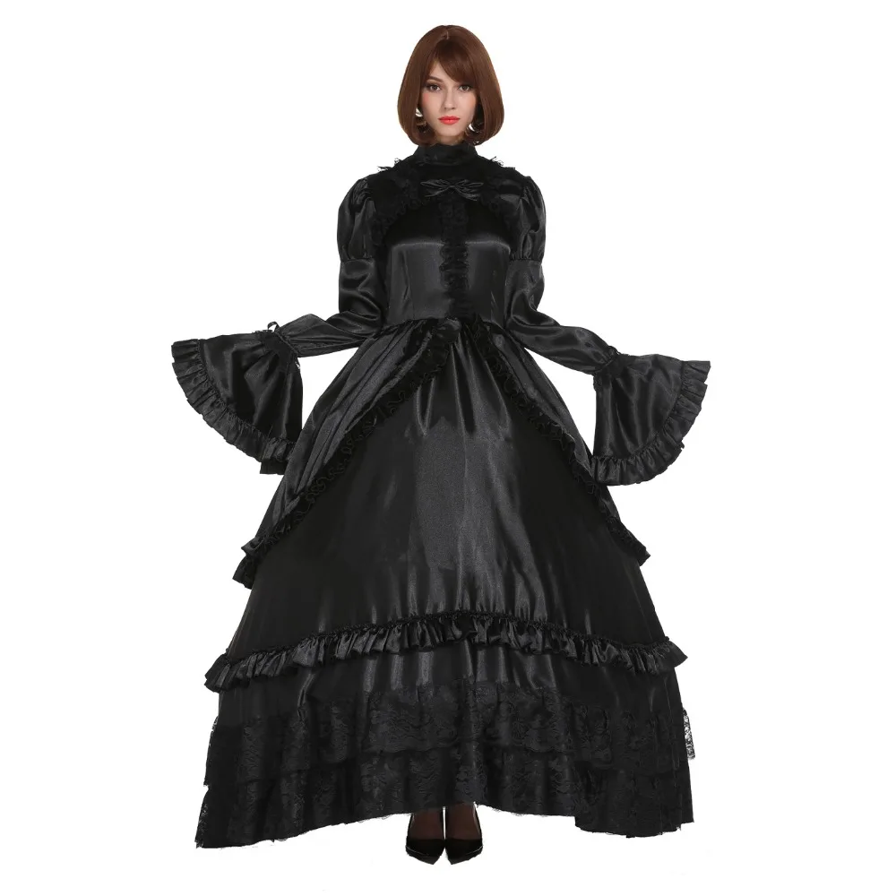 

Sissy Girl Lockable Gothic Lolita Punk Satin Black Dress Crossdress Big Sleeve Style Cosplay Costume