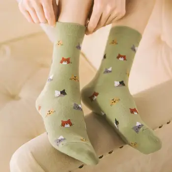 

Fashion Women Socks Lovely Cute Cat Pattern Socks Breathable Cotton Blends Socks 5 Colors Random Color