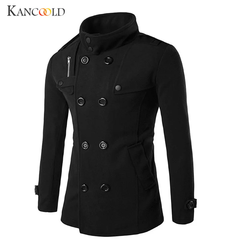 

2017 Men Coat Long Sleeve Jacket Trench Winter men's Warm Autumn Woolen Double Row Button black new Jackets male Overcoat PJ09