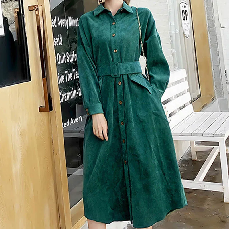 Осень-зима, длинное женское платье-рубашка,, длинный рукав, зеленый цвет, винтажное платье с карманами и поясом, Vestido