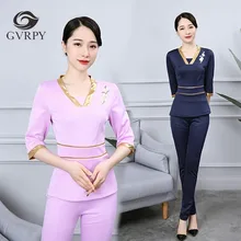 Косметичка костюм куртка+ брюки официант авиационная форма для женщин короткий рукав медицинская Униформа салон красоты спа модная Рабочая форма