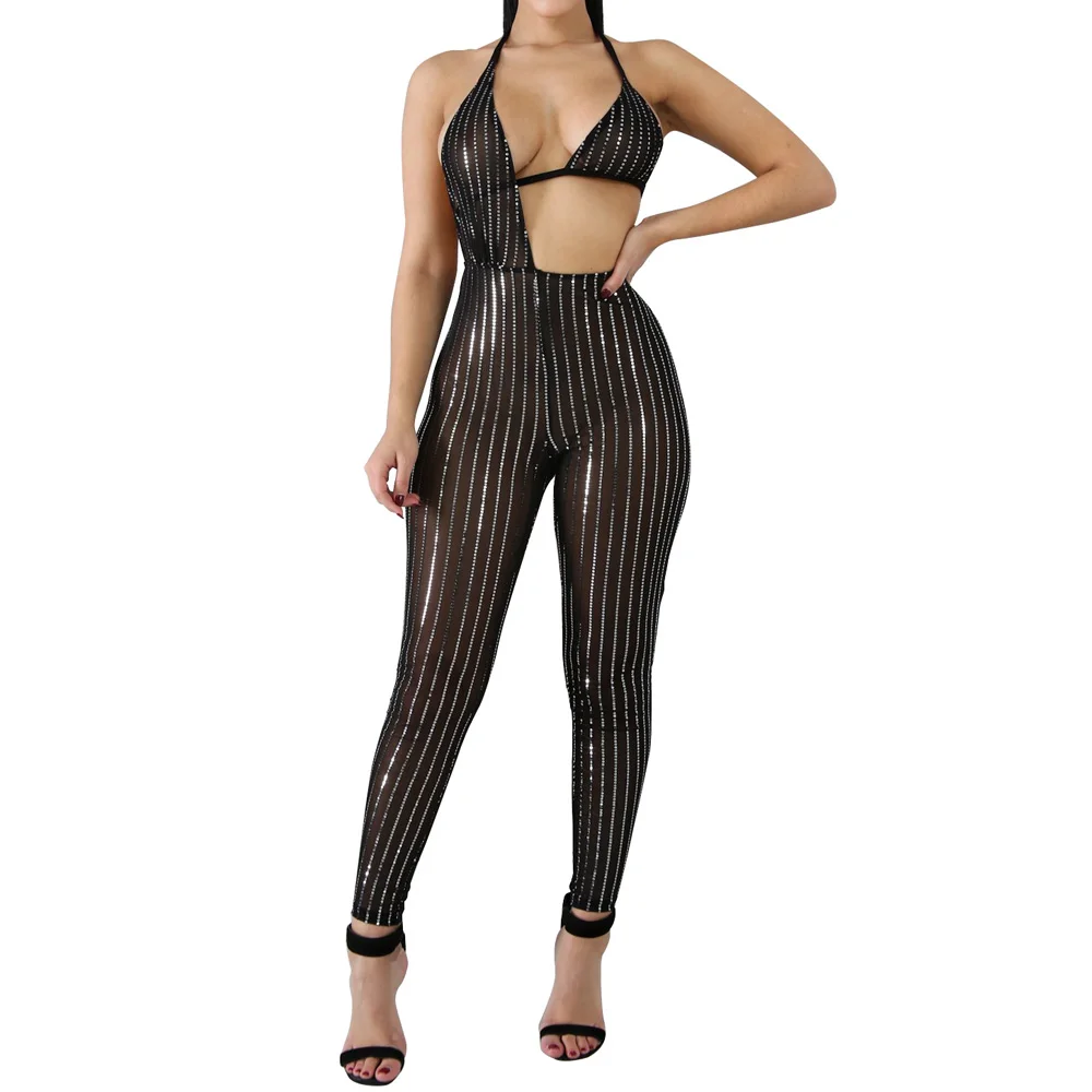 

Fashion White Black Bling V Neck Backless Jumpsuit Striped Hollow Out Sexy Rompers Women Bodysuits Summer Elegant Overalls