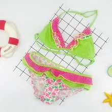 От 6 до 16 лет купальный костюм для девочек г. летний раздельный комплект бикини из двух предметов детский купальник с оборками и фруктовым узором пляжная одежда для девочек Biquini