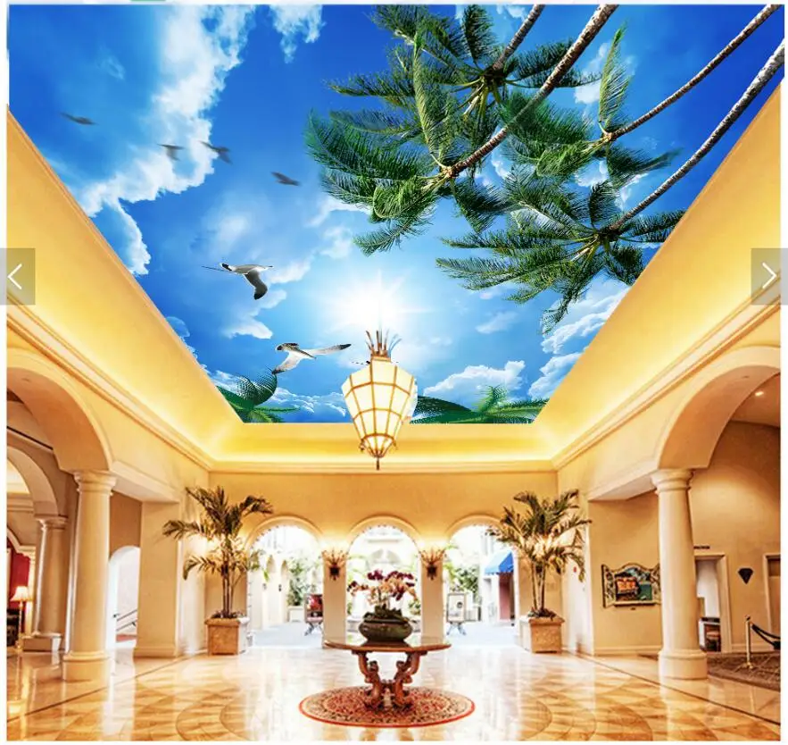 

3d ceiling murals wallpaper custom photo Blue sky and white clouds palm trees sunshine living room 3d wall murals wallpaper
