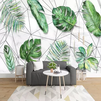 

Custom Photo Mural Wallpaper Papel De Parede 3D Nordic Tropical Rain Forest Banana Leaves Abstract Geometric Lines Wall Painting
