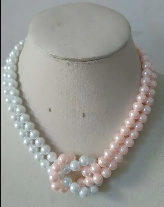 

classic jewelry 8mm white pink Round bead 2 rows necklace Natural South Sea Shell Pearl 18'' 45cm