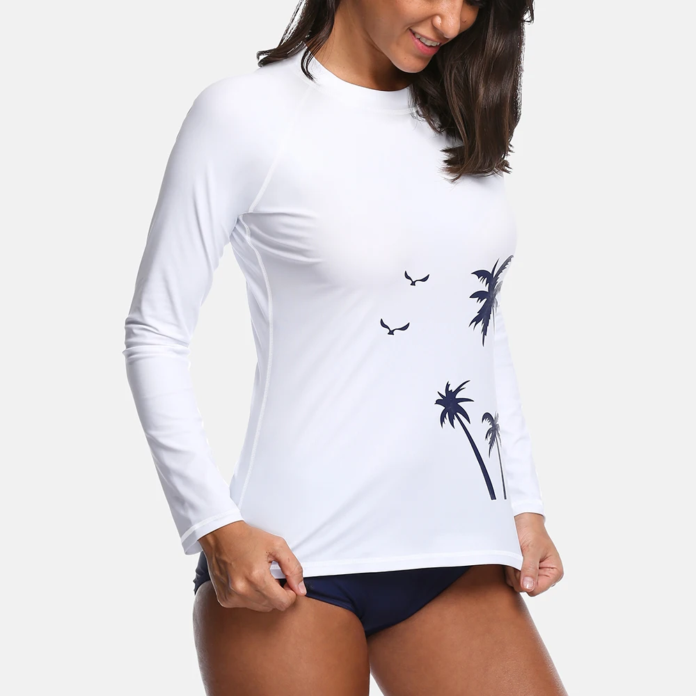 Charmo النساء طويل كم Rashguard قميص ملابس السباحة قمصان UPF50 + جوز الهند شجرة ملابس السباحة فوق البنفسجية حماية طفح الحرس الأعلى تصفح قميص