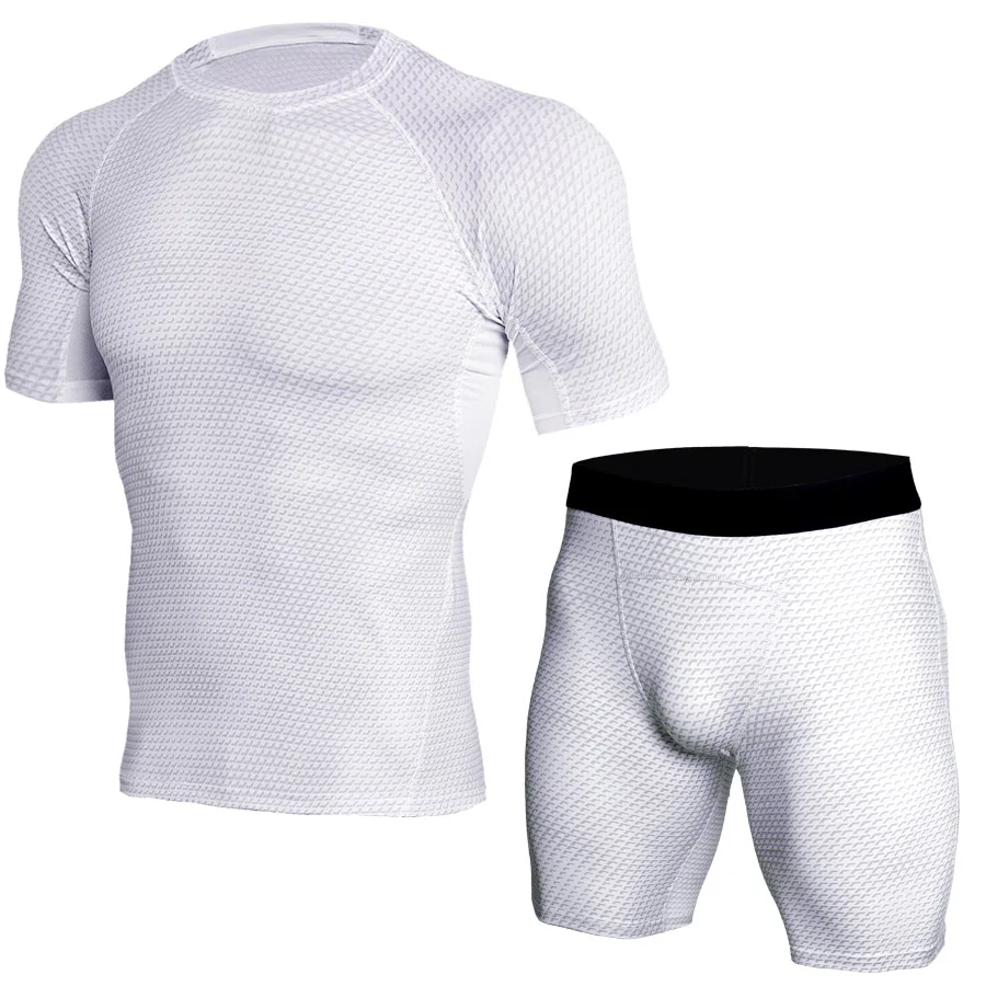 White Short Sleeve T Shirt Men Compression Shirt Fitness Sets MMA