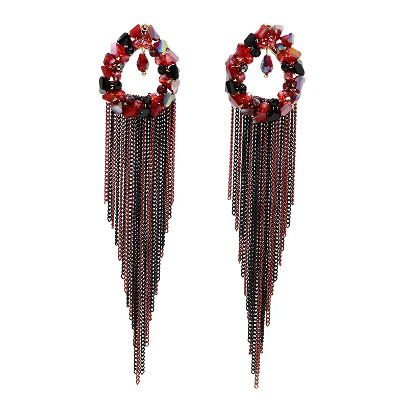 

Trendy Red Crystal Beaded Water Drop Geometric Earrings Black Red Chain Tassel Long Earrings For Women Jewelry Gifts