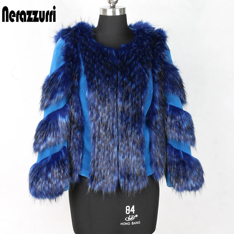 Nerazzurri Winter fox fur and rex rabbit fur color block patchwork fake fur jacket blue short warm big size faux fur coat women