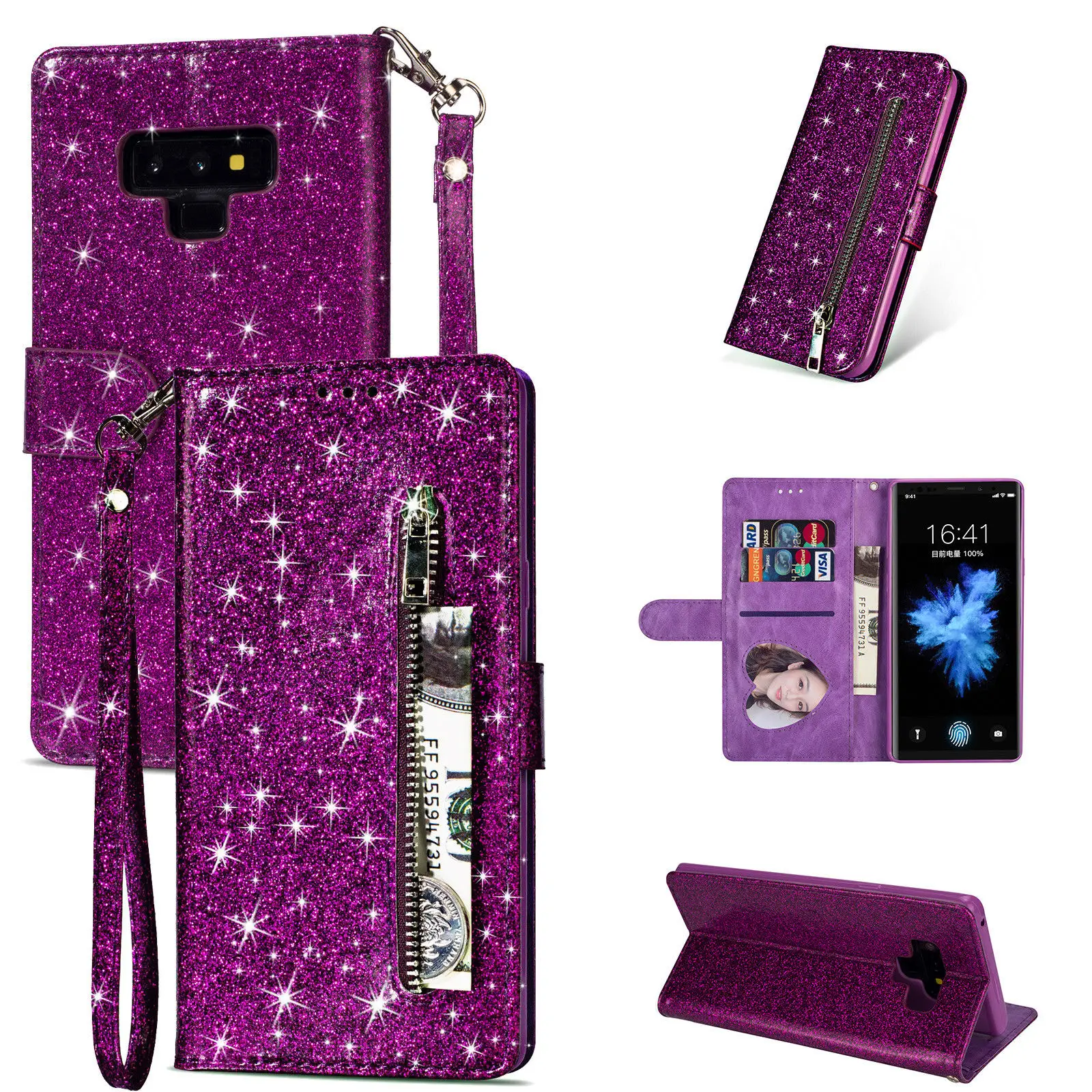 Чехол сверкающий с блестками для samsung Galaxy S10e Note 8 9 S10 Plus S9 S8 Plus S7 Edge S6 кожаный откидной Чехол-кошелек на молнии - Цвет: Purple