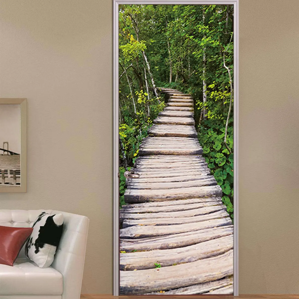 

3D Door Sticker Forest Wall Mural Art Green Tree Alameda Wallpaper Poster Stickers Self Adhesive Removable Home Door Decals PVC