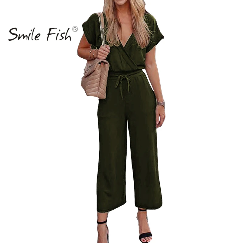 

Streetwear Summer Jumpsuits 2019 Women Overalls Short Sleeve V-neck Pockets Solid Rompers Wide Leg Pants Loose Office Work GV555