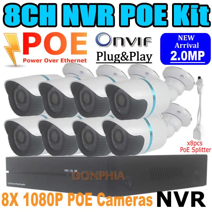 Home security Camera system 8CH POE NVR Kits 1080P Waterproof IR night vision Onvif 2.0MP IP Camera Plug and play CCTV system