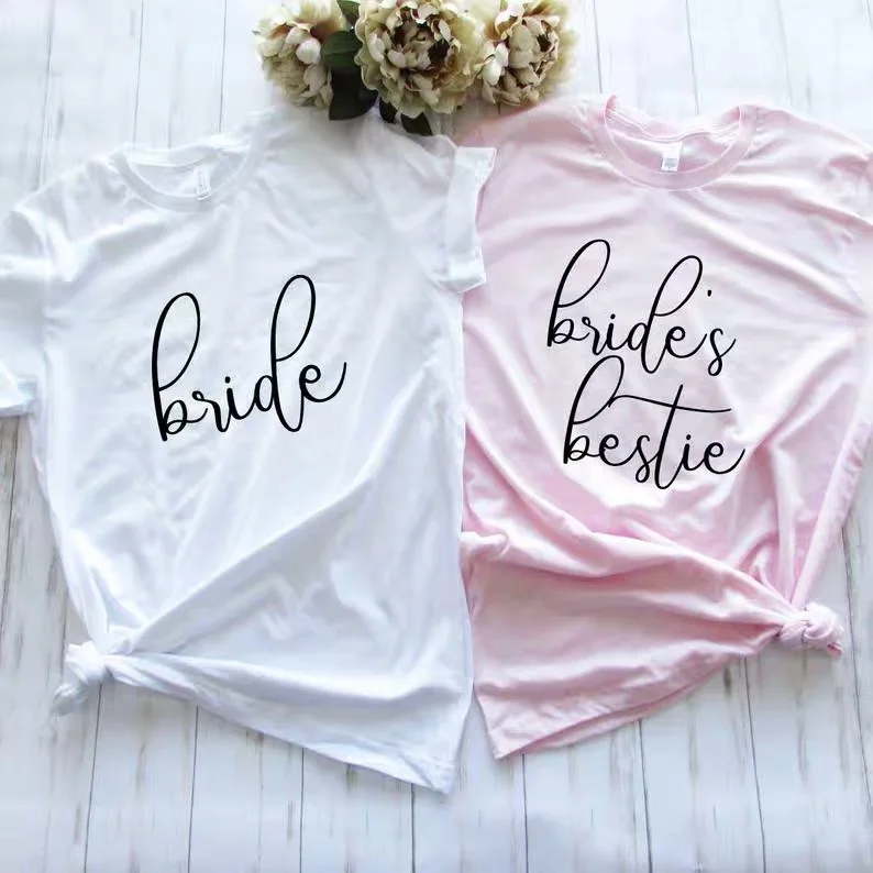 bride-bride bestie 5 предметов в лоте; персонализированные для дня рождения и свадьбы для девичника вечерние девичник подарки невесте на заказ хлопковая футболка - Цвет: bride-bride bestie