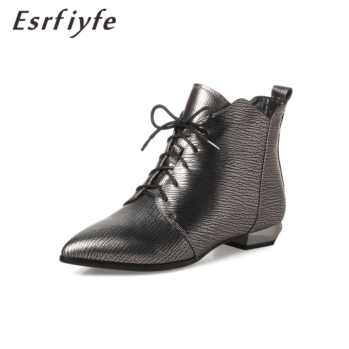 

ESRFIYFE 2019 New Genuine Leather Women's Boots Autumn Winter Thick Heel Pointed Toe Ankle Boots Basic Lace Up Comfortable Shoes