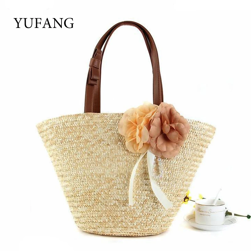 YUFANG Knitted Straw Bag With Bow Flower Bohemia Women's Handbags Color