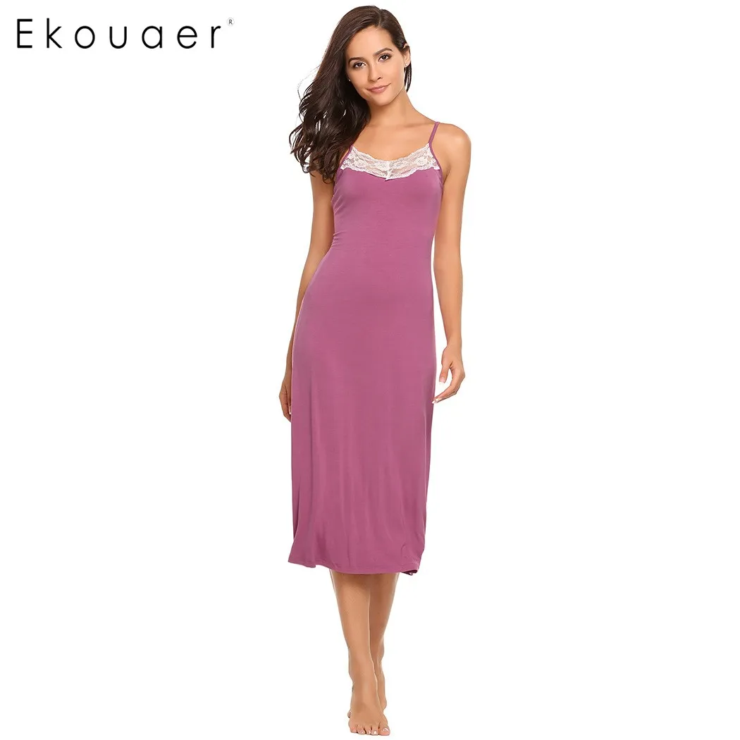 Ekouaer Lace Trim Nighties Sleepdress Women Spaghetti Strap Sleeveless