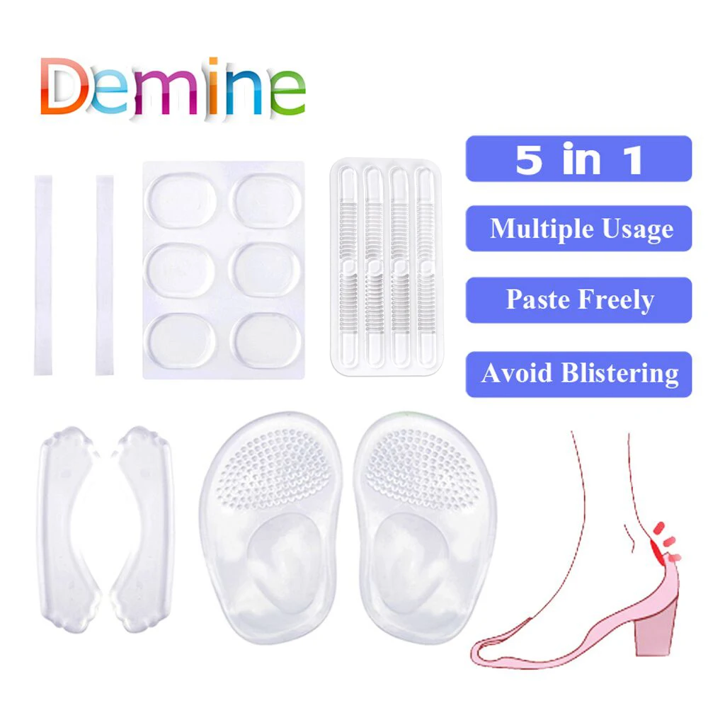 Demine 5 in 1 High Heels Kit for Women Silicone Gel Heel Sticker Liner Shoes Insert Pad Insoles Forefoot Pads Insole Shoelace
