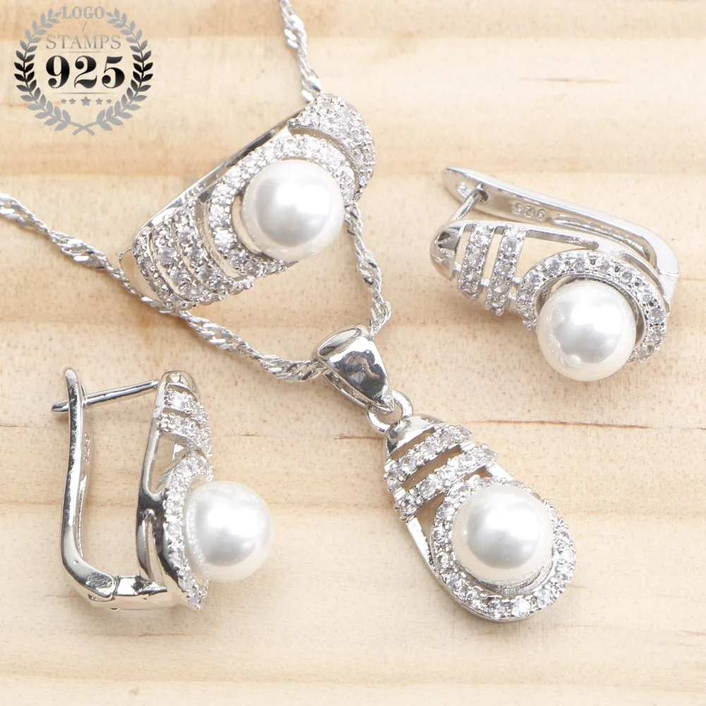 Najtaniej Perłowa dla panny młodej srebro 925 zestawy biżuterii dla kobiet kolczyki kostium biżuteria ślubna perły biały cyrkon wisiorek obrączka naszyjnik zestaw