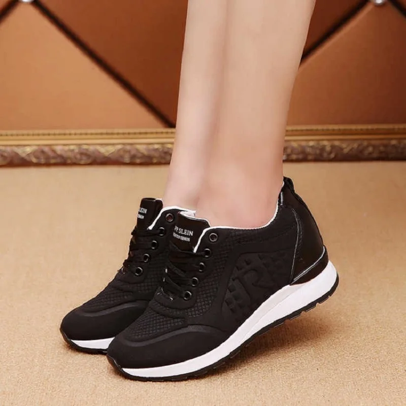 Для женщин кроссовки Женская обувь на танкетке Модная женская повседневная обувь женские ботинки, визуально увеличивающие рост, обувь на платформе для любителей ходьбы - Цвет: Black