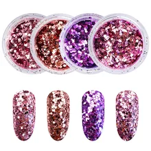 4 цвета/набор, смешанные размеры, 3D светильник, фиолетовый, розовый, смешанный Блеск для ногтей, пудра, блестки для хлопьев, для маникюра, украшения для ногтей SF3071
