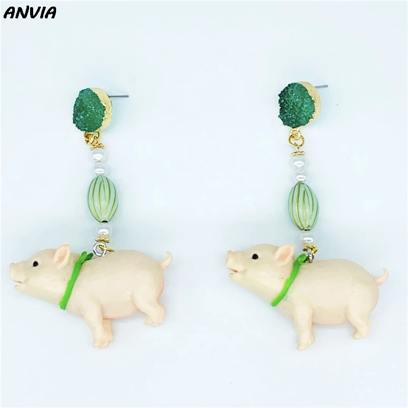 

Pink Pig Cartoon Animal Cute Drop Earrings Girls New Statement Piggy Resin Dangle Pearl Beads Green Long Earrings Women 2019 New