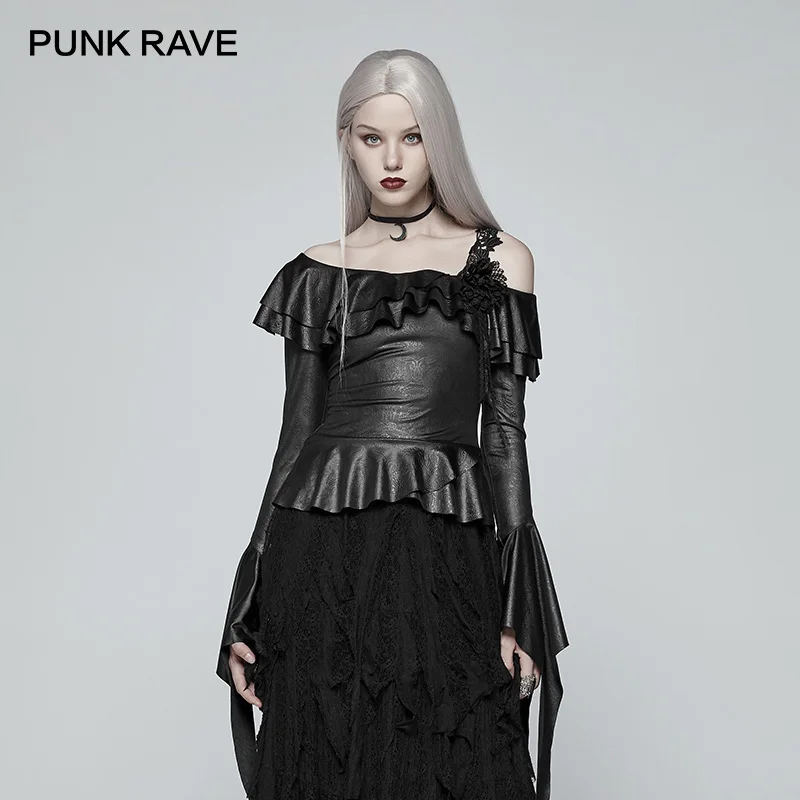 PUNKRAVE готический черный асимметричный воротник женская футболка Новинка нестандартный рукав Панк кожаные топы Модные Клубные вечерние сексуальные футболки