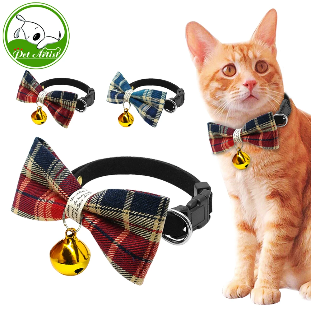 

Cute Plaid Bow Tie Cat Collar With Bell Breakaway Small Dog Puppy Kitten Collars Adjustable Safety Pet Accessories For Chihuahua