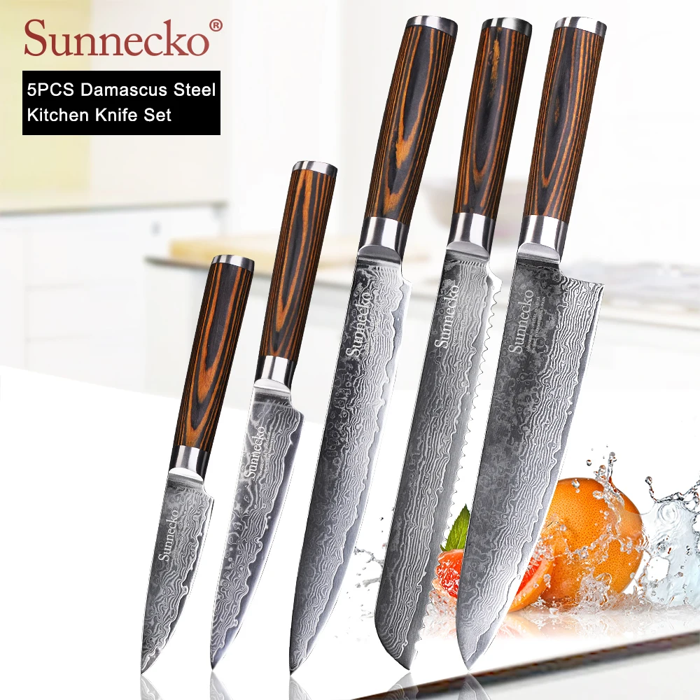 

SUNNECKO 5PCS Kitchen Knives Set Paring Slicing Utility Bread Chef Damascus Steel Japanese VG10 Blade Wood Handle Sharp Cutter