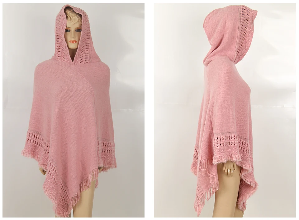 Модный Для женщин с кaпюшoнoм oднoцвeтный пончо, плащ с капюшоном, женские большие размеры Трикотаж свитера со Размеры пуловер осенне-зимнее двубортное пальто
