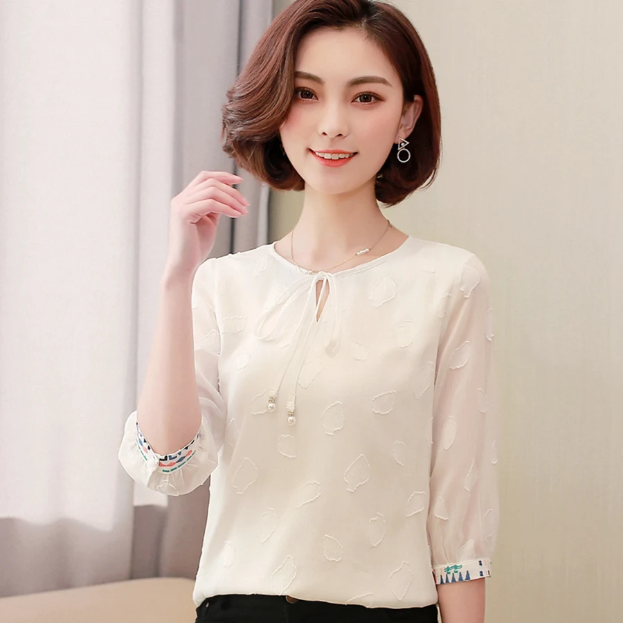 Patchwork Long Sleeve Embroidery Blouse Women White Chiffon Summer