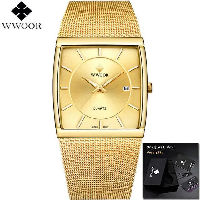 

2019 New!! Brand WWOOR Mens Square Quartz Watches Male Waterproof Date Clock Black Stainless Steel Mesh Business Men Wrist Watch