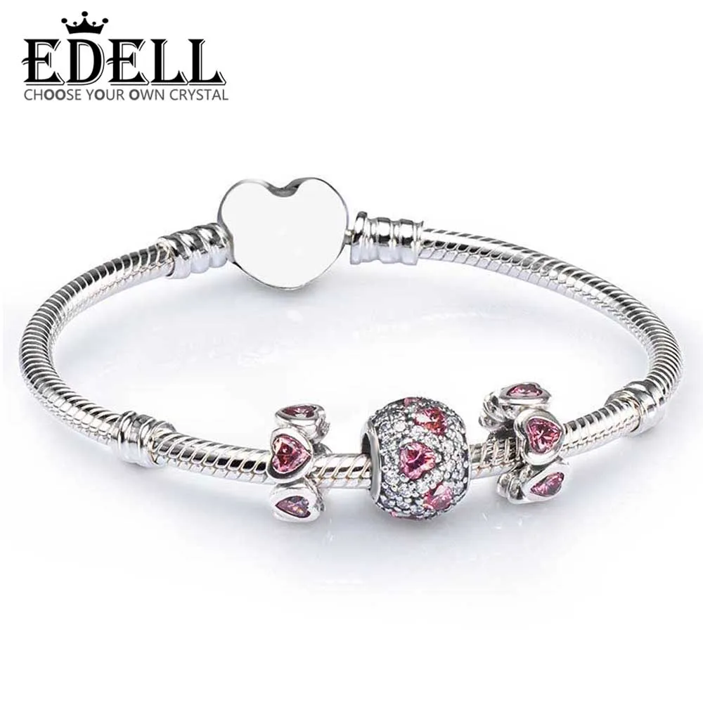 

EDELL 100% 925 Sterling Silver SALE - PINK HEART PAVE BALL CHARM BRACELET SET fit DIY Original charm Bracelets jewelry A Set