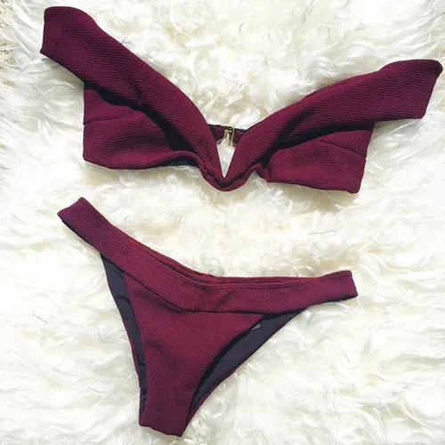 

2018 Bikinis Women Solid Color Swimsuit Low-waisted Strap Push Up Biquini Sexy V Word Collar Swimwear Beach Swimsuit