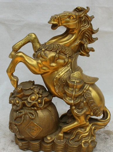 

JP S0524 11" Chinese Brass Wealth Moneybag Fengshui Zodiac Year Horse Statue sculpture B0403