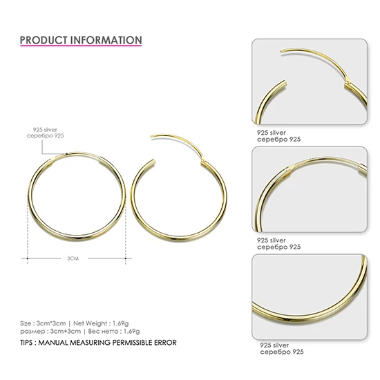 EManco круглые серьги-кольца для женщин классические большие 925 пробы серебряные серьги розовый стиль ювелирные украшения женские горячие подарки - Окраска металла: EMER027-2 Gold 3MM