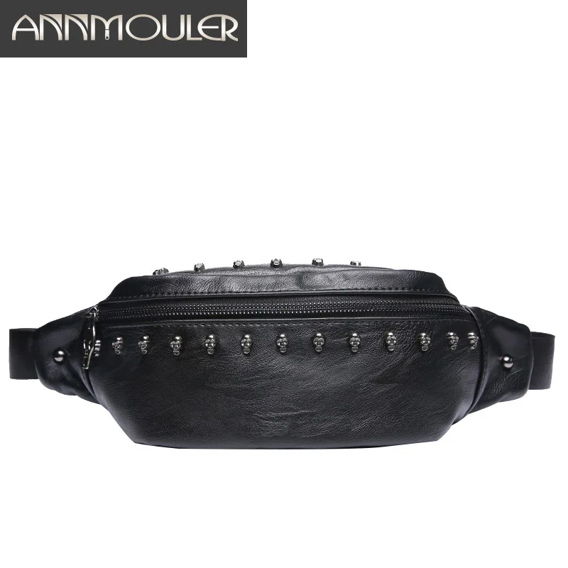 

Annmouler Fashion Unisex Waist Pack Bag Pu Leather Skull Chest Bag Black Shoulder Phone Pouch Large Men Women Fanny Pack Bum Bag