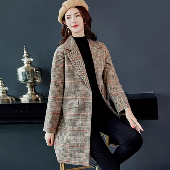 

New Korean Fall Autumn Winter Fashion Wool Blends Vintage Loose Plaid Long Coat Casual Women Coats Female Jackets Plus Clothes