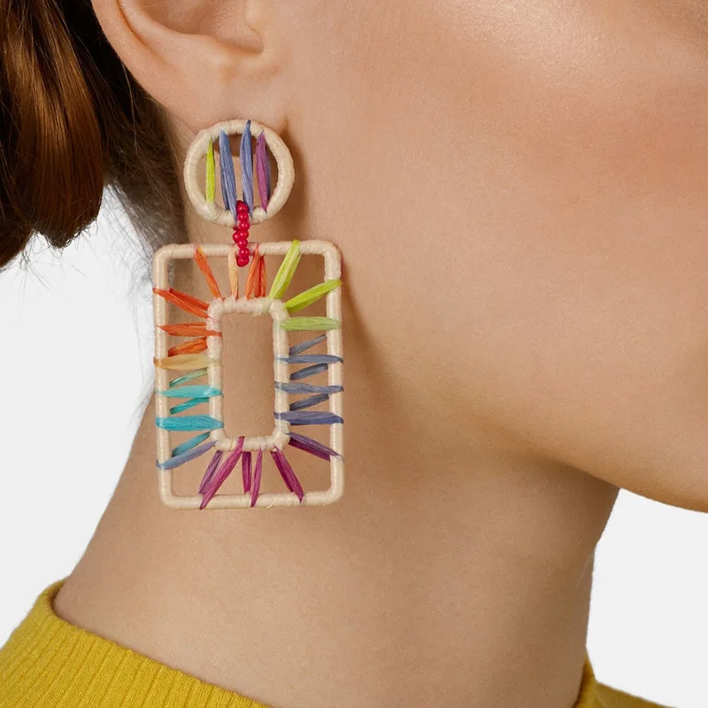 

ZWPON Brand Designer Square REISA RAFFIA DROP EARRINGS Summer Colorful Palette Geometric Statement Earrings Wholesale