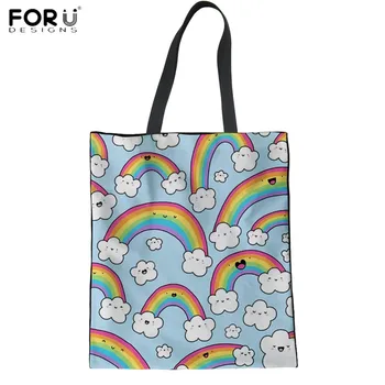 

FORUDESIGNS Casual Girls School Handbags Cute Rainbow 3D Printing Eco Travel Beach Bags Women Linen Tote Bag Mom Reusable Bolsa
