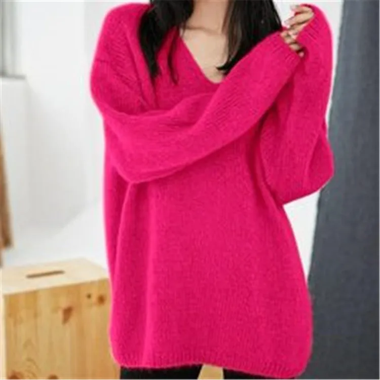  100%hand made wool Vneck knit women streetwear solid loose pullover sweater one&over size