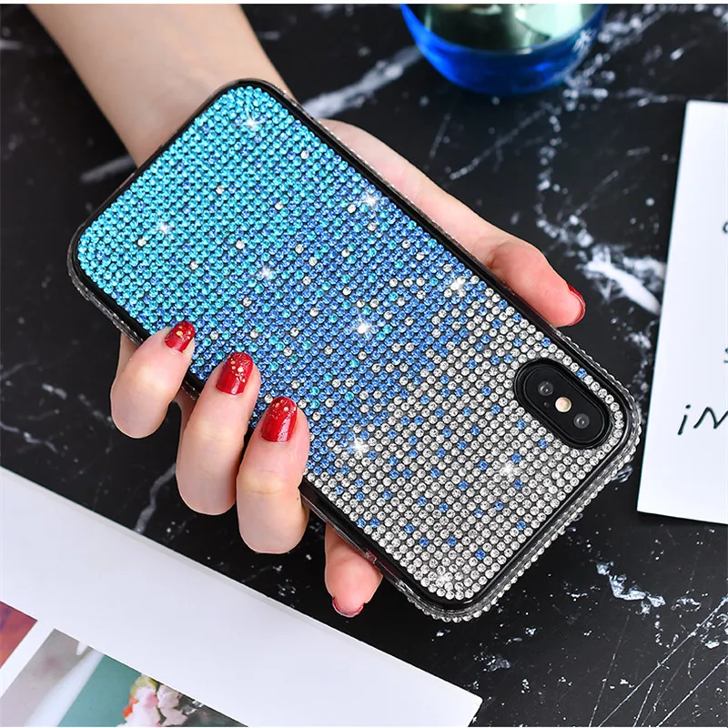

Luxury Fashion Gradient Color Full Bling Crystal Rhinestone Diamond Soft Phone Case Cover For iPhone XS Max XR X 8 7 6 6S Plus