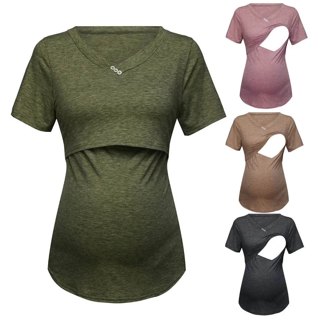 Для женщин блузки для беременных короткий рукав для беременных одежда чистый Цвет Топы Грудное вскармливание Nusring Одежда для беременных