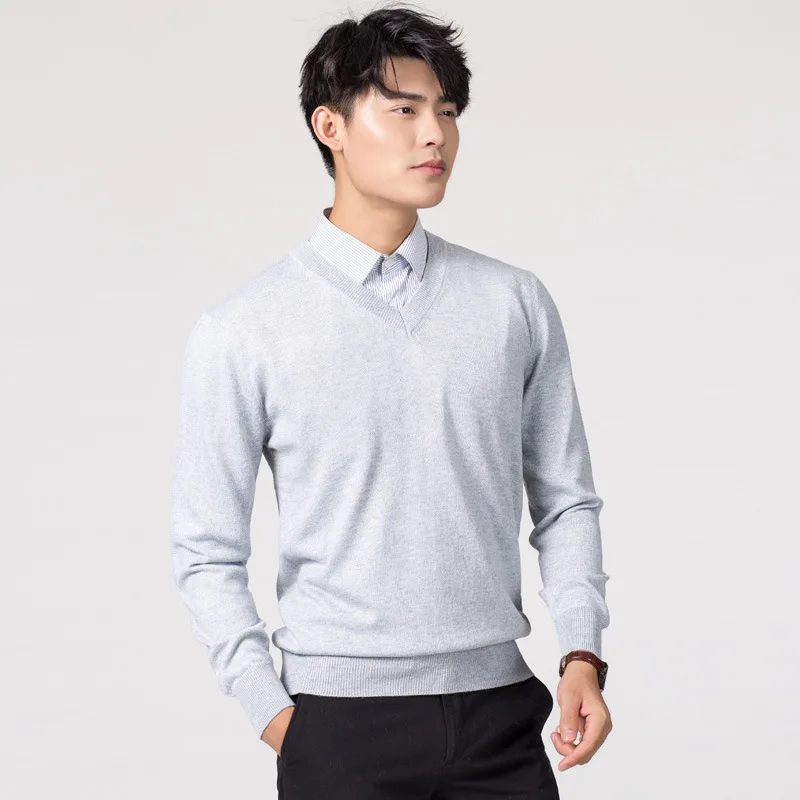 Осень и зима большой размер мужской бизнес модный тренд круглый вырез пуловер вязаный свитер